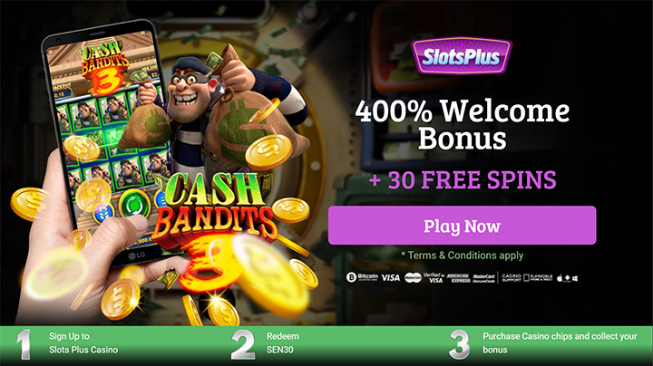 Slots Plus’ offer page with Cash Bandits 3 slot