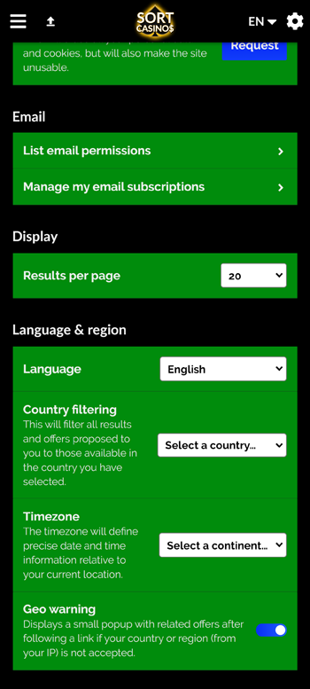 SortCasinos’ settings page screenshot